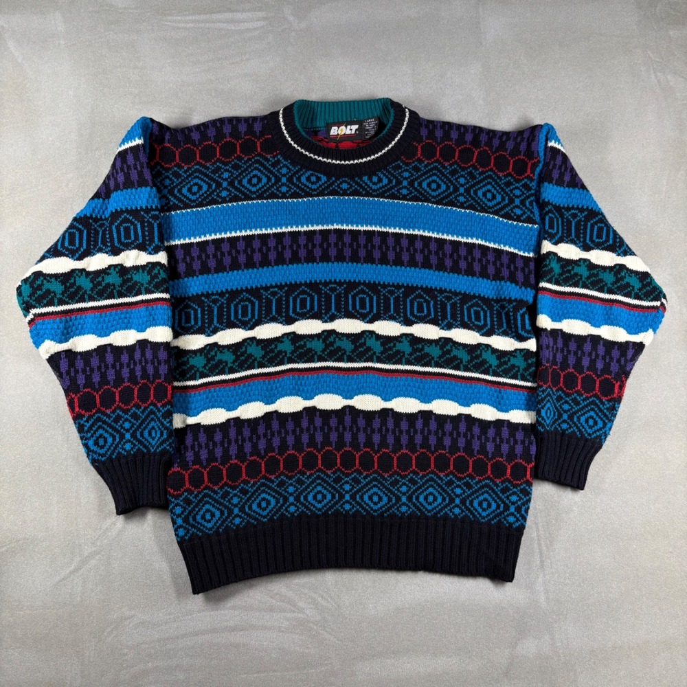 Vintage 90s Lightning Bolt Sweater Mens Large Geometric Knit Surf Retro Multi